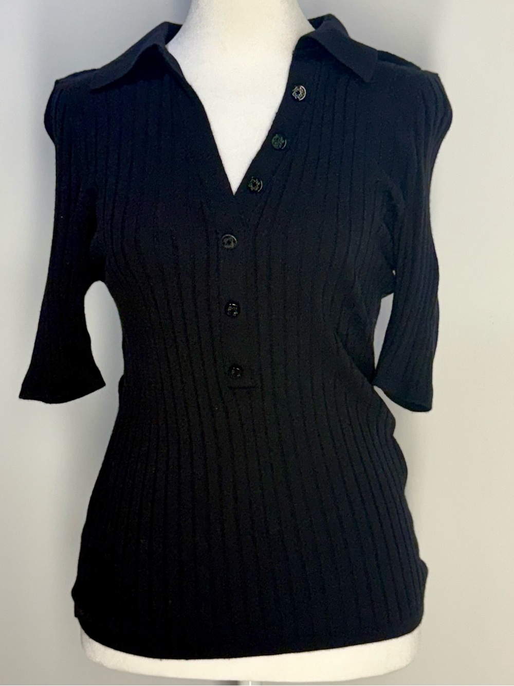 White House Black Market Ribbed Polo Tee in Black